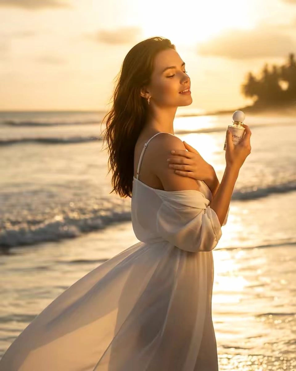 A woman at golden hour holding Coco Island by Notes De Parfums